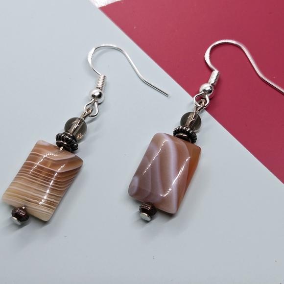 Vintage Gemstone Pink To Tan Nature Stones Earrings In Silver 925 Hooks - Picture 15 of 17